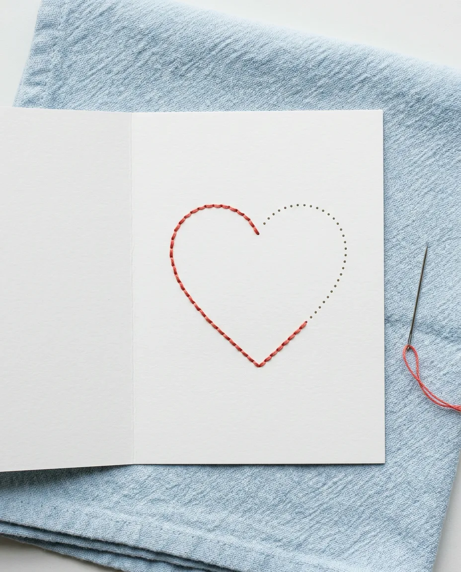 A heart backstitched through pierced holes on a blank paper card