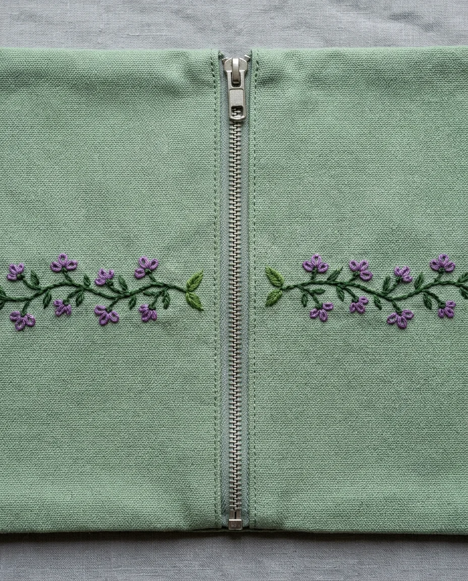 A vine stitched in two halves lines up across a closed zipper, each half ending in a leaf.